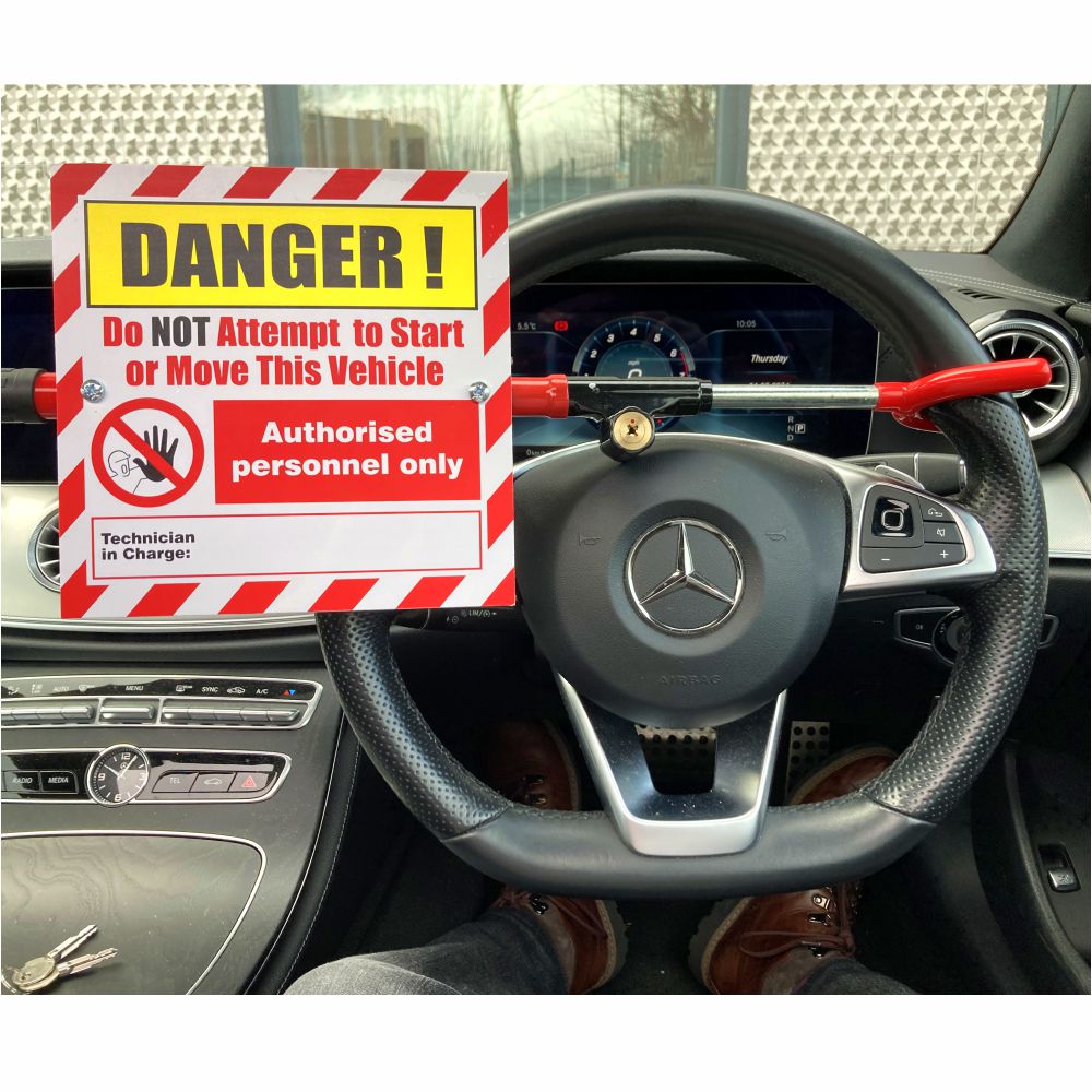 Metal Steering Wheel Lockout with Warning Sign