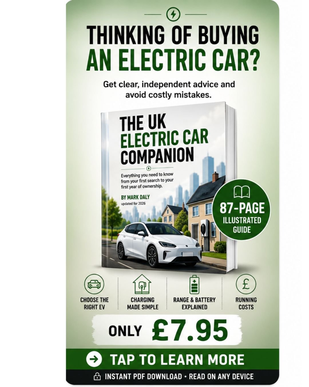 Cover of The UK Electric Car Companion by Mark Daly, an 87 page illustrated guide for UK EV buyers