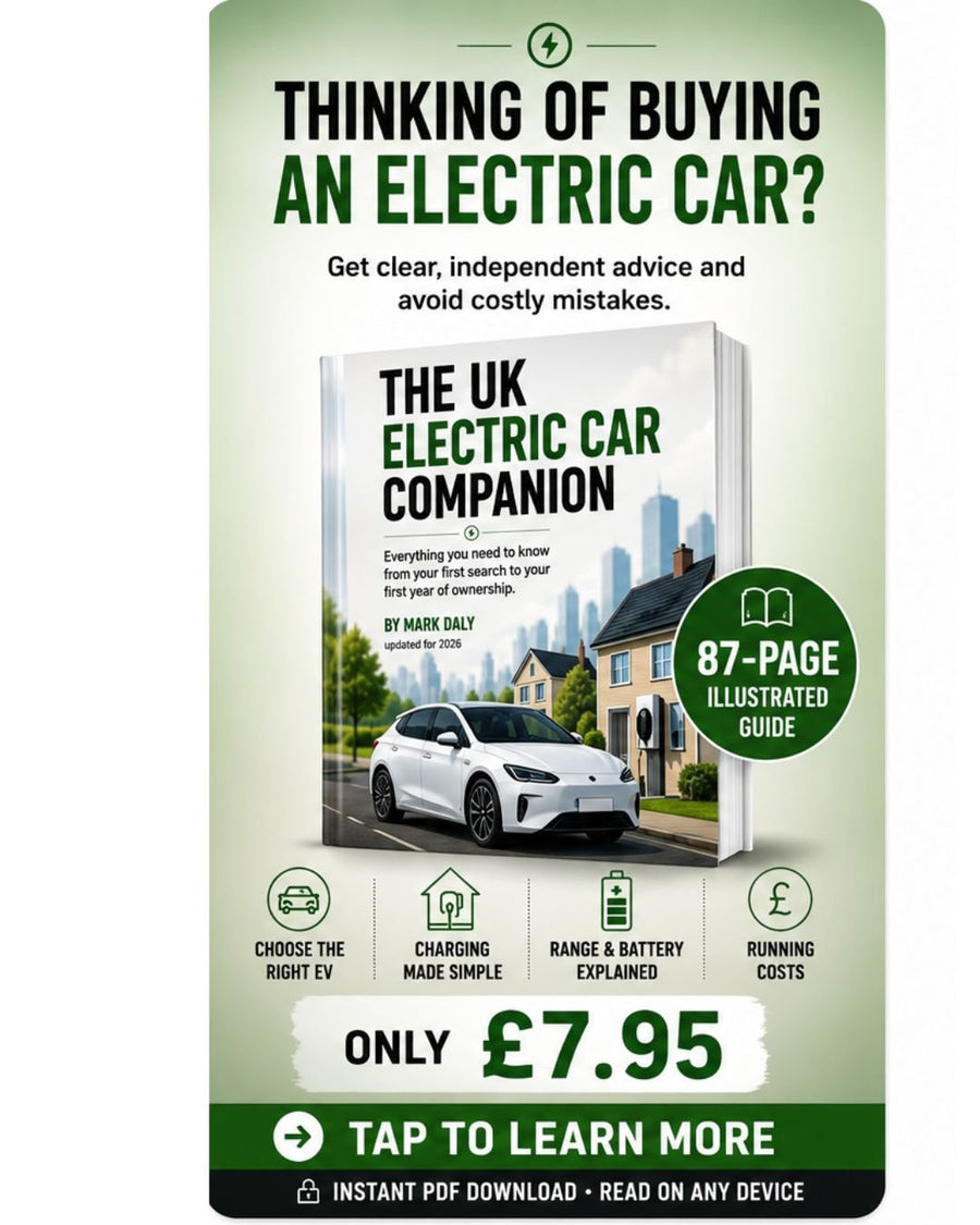 Cover of The UK Electric Car Companion by Mark Daly, an 87 page illustrated guide for UK EV buyers